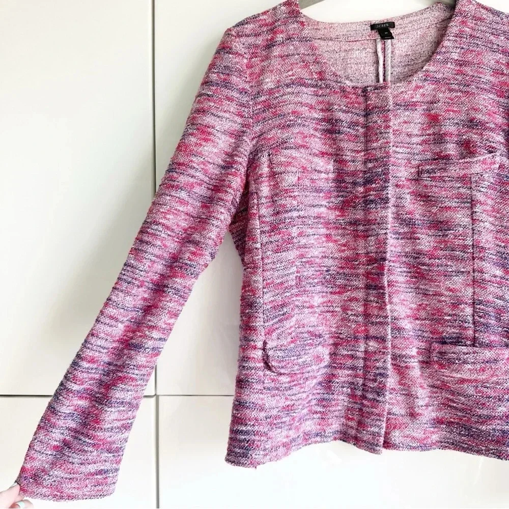J. Crew Poppy Micro Tweed Jacket Size Medium Pink Purple Two Way Zip Pockets